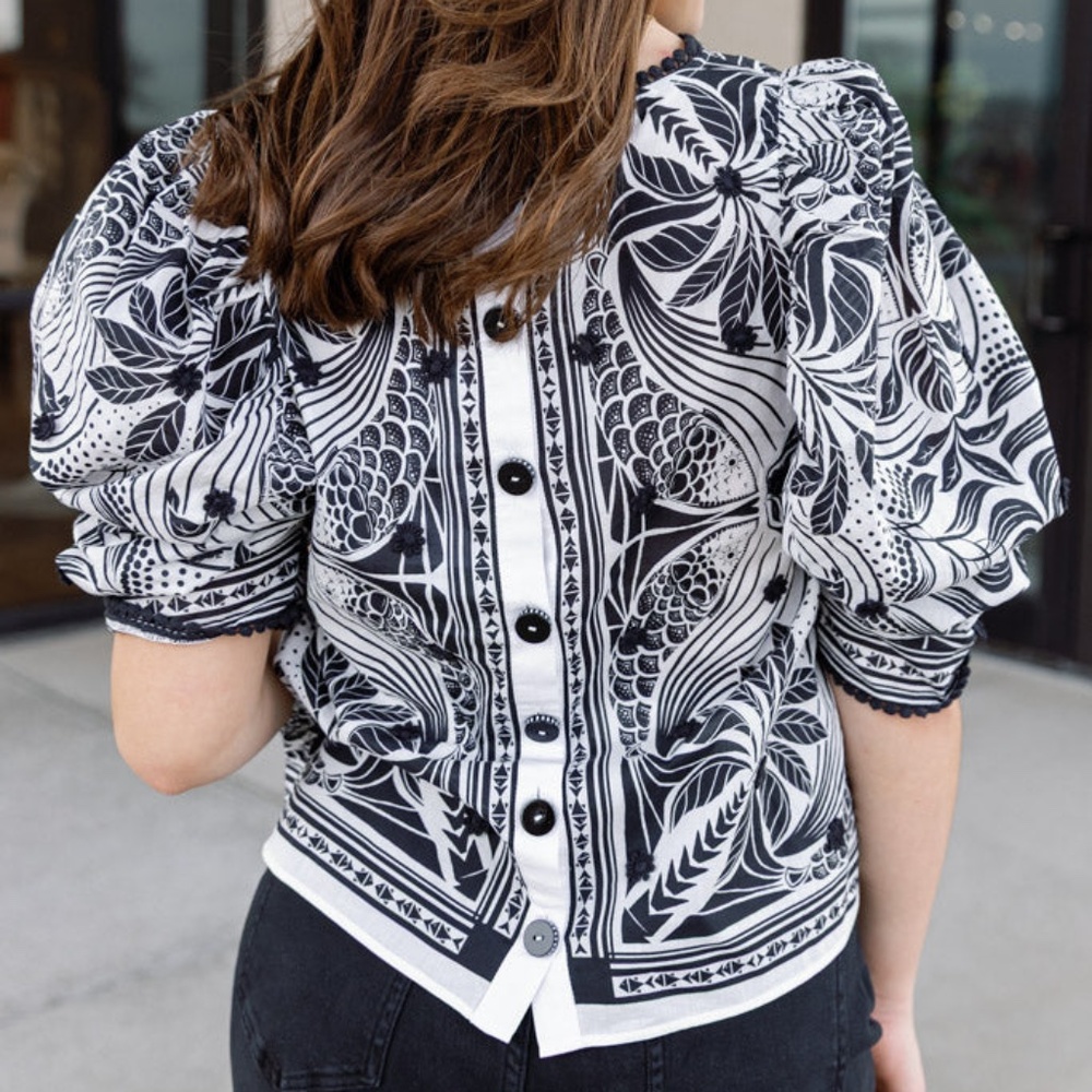 FARM Rio monochrome elegance scarf print blouse S - Picture 16 of 16